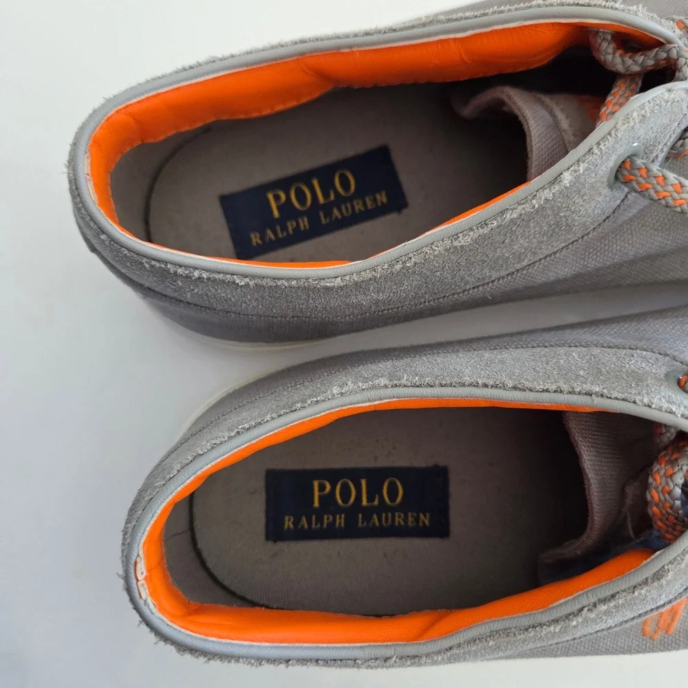 Polo Ralph‎ Lauren Boat Shoes Grey Orange Canvas Moc Toe Mens 10